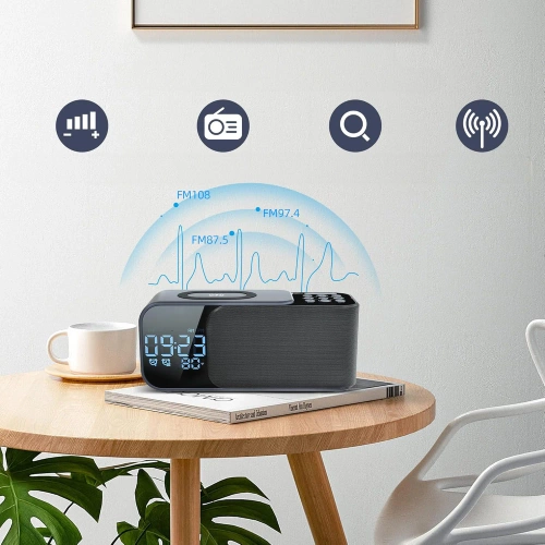 FM-Radio mit Wecker und kabellosem Ladegerät | Multifunktionswecker mit Bluetooth | WD-500-BK