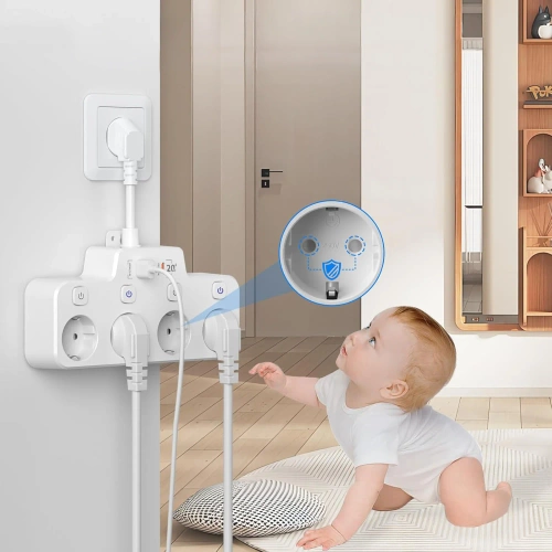 Steckdosenleiste mit 4 Schuko-Steckdosen 45° mit USB-A, USB-C PD 20 W und Lightning | BGS-A+C+L-W