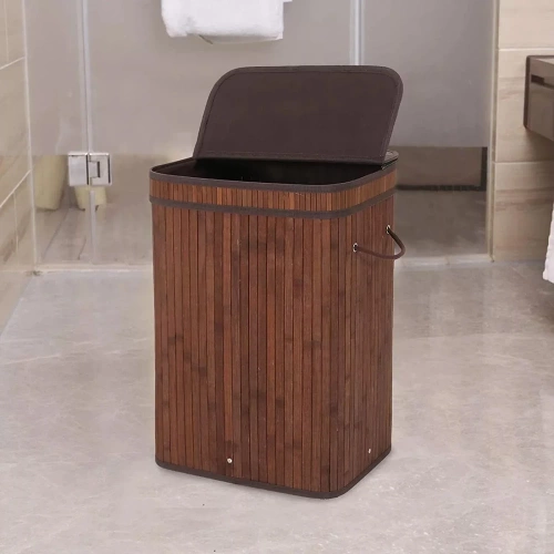 Brauner Wäschekorb | Bambus-Spielzeugkiste | Holzwäschekorb | Zweikammer-Wäschekorb für das Badezimmer | RYL-100L-DABR
