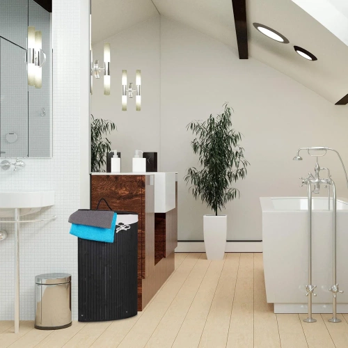 Schwarzer Wäschekorb | Bambus-Spielzeugkiste | Holzwäschekorb | Einzelkorb für Wäsche im Badezimmer | Eckkorb | AYL-60L-BLACK