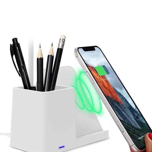 Smarte LED-Schreibtischlampe mit kabellosem Qi-Laden | 3-in-1-Schreibtischlampe mit Organizer und Ladegerät | Moderne Arbeitszimmerlampe mit Organizer | MD-K5-15W
