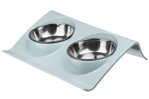 Hundenapf-Set oder Katzennapf-Set | Doppel-Futternäpfe aus Metall mit Halterung | Futternäpfe aus Edelstahl für Futter und Wasser | JDW-024-blue
