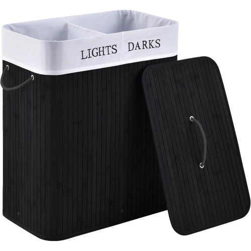 Wäschekorb | 100 l | zweigeteilt, aus Bambus und Holz, auch als Spielzeugbox geeignet | schwarz | ZYL-100L-BLACK