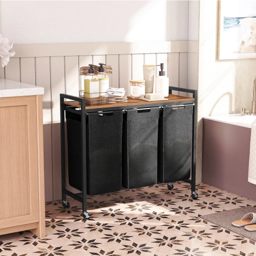 Wäschekorb mit Regal | Dreifach-Wäschekorb | Wäschekorb mit Rollen | MZ-B30-SCHWARZ