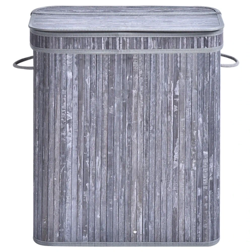 Grauer Wäschekorb | Bambus-Spielzeugkiste | Holzwäschekorb | Zweikammer-Wäschesammler für das Badezimmer | RYL-100L-GREY