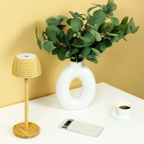 LED-Tischleuchte aus Bambus | Touch-Steuerung für Farbtemperatur | kabellose Nachttischleuchte mit integriertem 1.500 mAh Akku, USB-C | YG-VM41B