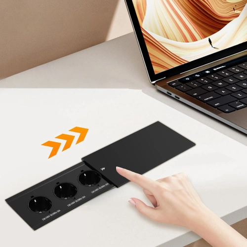 Einbau-Steckdosenelement mit Schiebedeckel | Doppelsteckdose mit USB PD Ladegerät | schwarz | JX-S329-BLACK