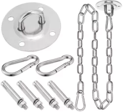 Montageset für Hängesessel, Schaukeln, Hängematten | Halterung, Kette 1,5 m, 2x Karabiner, 4x Dübel | ACS-08-silber