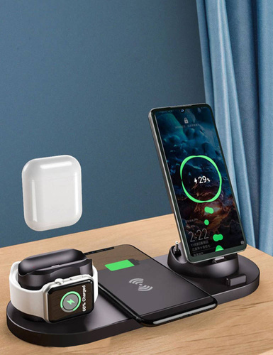 Qi-Dockingstation für Apple iPhone Airpods Watch | kabelloses Ladegerät 15W | 3 Stecker - USB-C / Lightning / Micro USB | WD-01