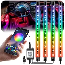 RGB-LED-Autoinnenbeleuchtung über USB | Bluetooth-Verbindung mit der Anwendung auf dem Telefon | 4x LED-Streifen 12 Dioden 5050 22cm | IR-Fernbedienung | Musikmodi
