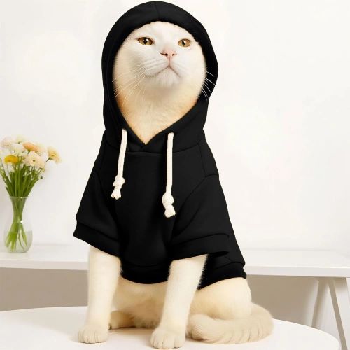 Hundepullover mit Kapuze für Hunde und Katzen | Größe M | schwarz | mit Tasche | PET-015M-BK