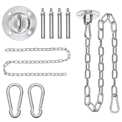 Montageset für Hängesessel, Schaukeln, Hängematten | Halterung, Kette 1,5 m, 2x Karabiner, 4x Dübel | ACS-08-silber