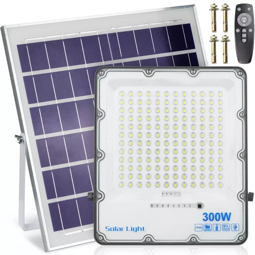 LED-Flutlicht Set | 300 W + Solarpanel 6 V/15 W mit Fernbedienung | 5.000 lm, 12.000 mAh, IP66