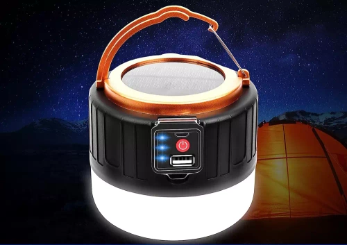 Solar Camping LED-Laterne, Reiselampe mit Powerbank-Funktion | 5 Beleuchtungsmodi, SOS, 2400mAh, bis zu 10 Stunden Betriebsdauer | HWL-004