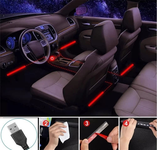 RGB-LED-Autoinnenbeleuchtung über USB | Bluetooth-Verbindung mit der Anwendung auf dem Telefon | 4x LED-Streifen 12 Dioden 5050 22cm | IR-Fernbedienung | Musikmodi 
