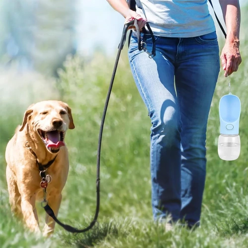 Tragbare Trinkflasche für Haustiere | Wasserflasche für Hund oder Katze | Trinkflasche mit angehängter Schale | PAC-500ML-BLUE