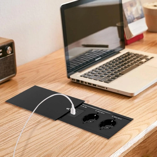 Einbau-Steckdosenelement mit verschiebbarer Abdeckung | Doppelsteckdose mit USB PD Ladegerät | schwarz | JX-S328-BLACK