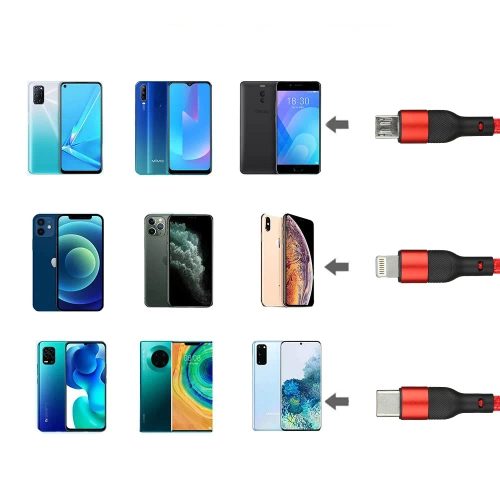 USB 3-in-1 Kabel | Micro-USB, USB Typ-C, Lighting | Nylon-Kabel 1,2m | B5-3in1-rot