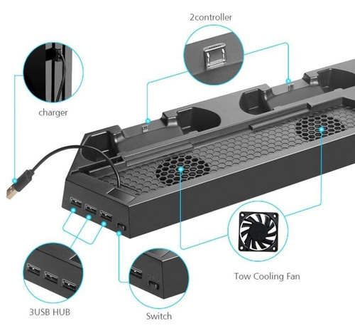 Kühlständer für PS4 / Slim / Pro | Dockingstation mit 3 USB-Hubs | HB-P06-3in1-B