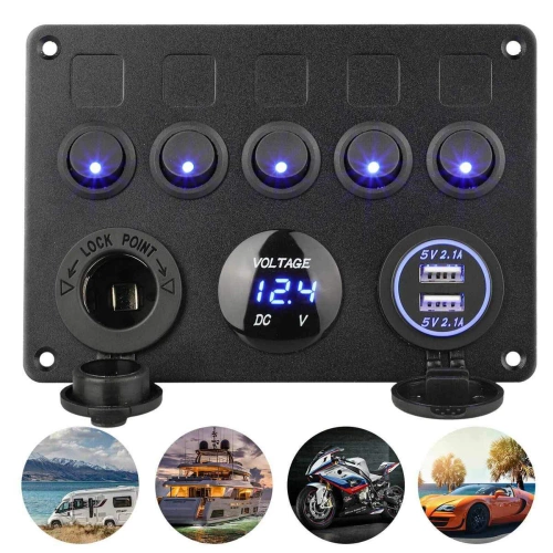 Bedienfeld 12V 24V IP65 mit USB | Bedienfeld mit beleuchteten Schaltern | Dual-USB-Ladegerät 2,1 A/5 V | 12V Zigarettenanzünderbuchse 