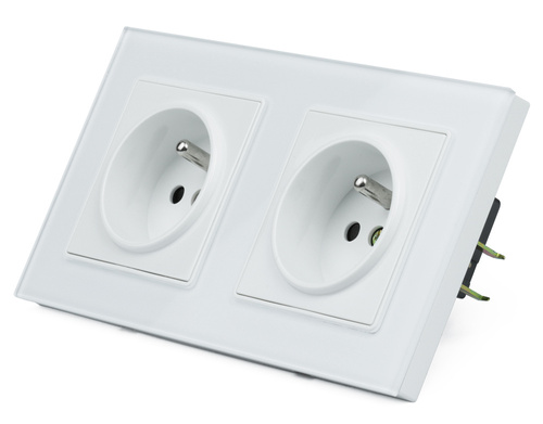 Doppelsteckdose mit Erdung F60 mit Rahmen | Weißes gehärtetes Glas | 230V | F60-SC80-2