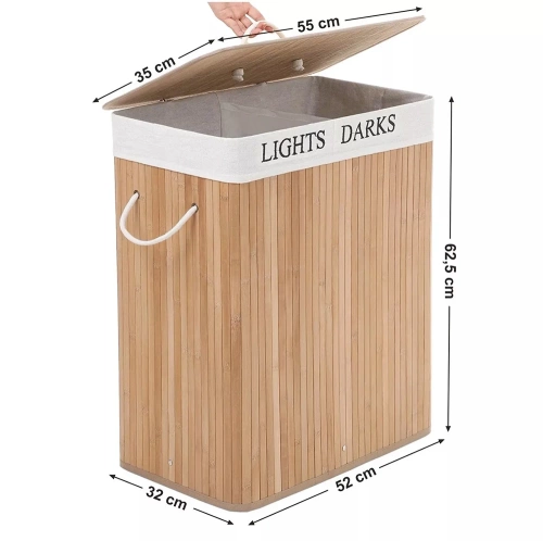 Natürlicher Wäschekorb | Bambus Spielzeugkiste | Holzwäschekorb | Zweikammer Wäschesortierer für das Badezimmer | ZYL-100L-LIBR
