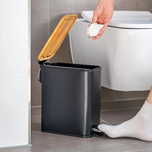Badezimmer Mülleimer | rechteckig, Bambusdeckel, Pedal | 5 Liter, Schwarz | GY-TC5L