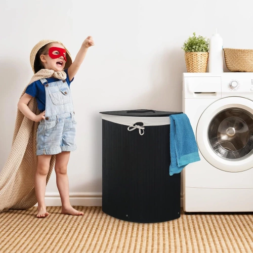 Schwarzer Wäschekorb | Bambus-Spielzeugkiste | Holzwäschekorb | Einzelkorb für Wäsche im Badezimmer | Eckkorb | AYL-60L-BLACK