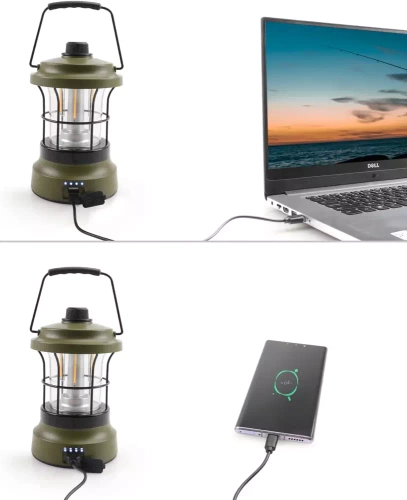 LED-Campinglampe im Retro-Design mit Powerbank-Funktion | Stufenlose Helligkeits- und Farbtemperaturregelung, 3.000 mAh, 20–260 lm, 5–120 h, IPX6 | grün | MY-880