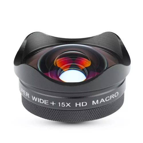 4K HD Objektiv, Linse, Aufsatz für Handy | 2-in-1 Makro 15x + Weitwinkel | Clip, Hülle, Tuch | DT-020