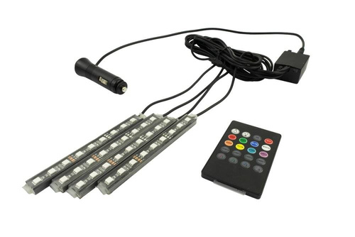 RGB-LED Innenbeleuchtung Auto | Ambientebeleuchtung Auto Atmosphäre Licht | Wasserdicht | Strip mit Zigarettenanzünder | 4x LED-Streifen 9 LEDs 5050 | IR-Fernbedienung