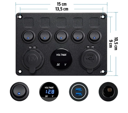 Bedienfeld 12V 24V IP65 mit USB | Bedienfeld mit beleuchteten Schaltern | Dual-USB-Ladegerät 2,1 A/5 V | 12V Zigarettenanzünderbuchse 