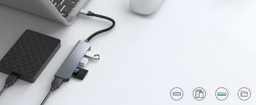 USB-C Hub mit 3x USB + SD + TF Kartenleser | Typ C 5-in-1 Adapter, Splitter | HUB