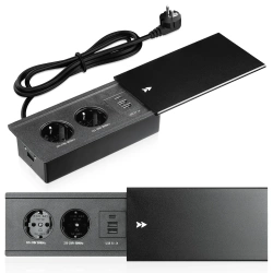Einbau-Steckdosenelement mit verschiebbarer Abdeckung | Doppelsteckdose mit USB PD Ladegerät | schwarz | JX-S328-BLACK