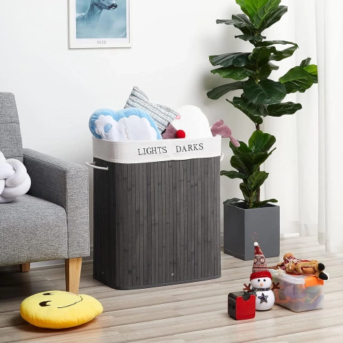 Grauer Wäschekorb | Bambus-Spielzeugkiste | Holzwäschekorb | Zweikammer-Wäschesammler für das Badezimmer | ZYL-100L-GREY