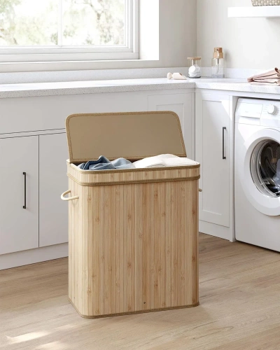 Holzkorb für Wäsche | Bambusbehälter für Spielzeug | Holzkorb für Kleidung | Zwei-Kammer-Wäschesammler für das Badezimmer | RYL-100L-LIBR
