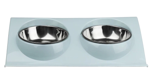 Hundenapf-Set oder Katzennapf-Set | Doppel-Futternäpfe aus Metall mit Halterung | Futternäpfe aus Edelstahl für Futter und Wasser | JDW-024-blue