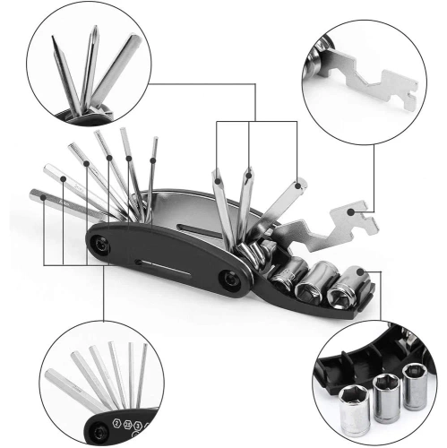 Fahrrad-Multitool | 16-in-1 Werkzeugsatz mit Innensechskantschlüsseln, Torx, Stecknüssen, Ampullen | MFT-16in1