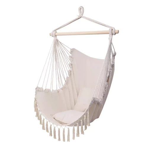 Hängesessel, brasilianischer Stuhl, Hängematte, Schaukel | zwei Kissen, Holzstange | bis 120 kg | beige | ZY-V004