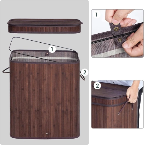 Wäschekorb | 2 Fächer, 100 l, aus Bambus und Holz, geeignet als Spielzeugbox oder Wäschesammler für Badezimmer | braun | RYL-100L-DABR