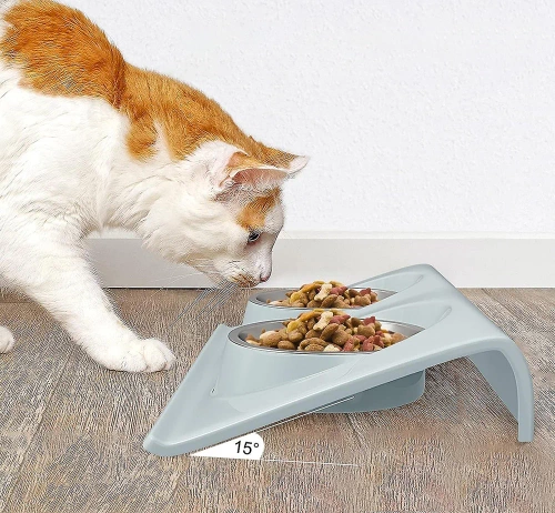 Hundenapf-Set oder Katzennapf-Set | Doppel-Futternäpfe aus Metall mit Halterung | Futternäpfe aus Edelstahl für Futter und Wasser | JDW-024-blue