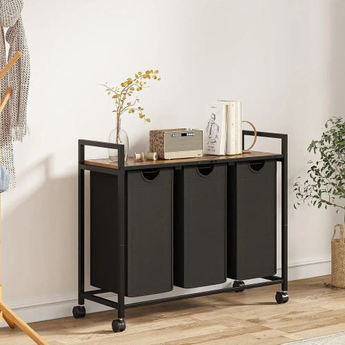 Wäschekorb mit Regal | Dreifach-Wäschekorb | Wäschekorb mit Rollen | MZ-B30-SCHWARZ