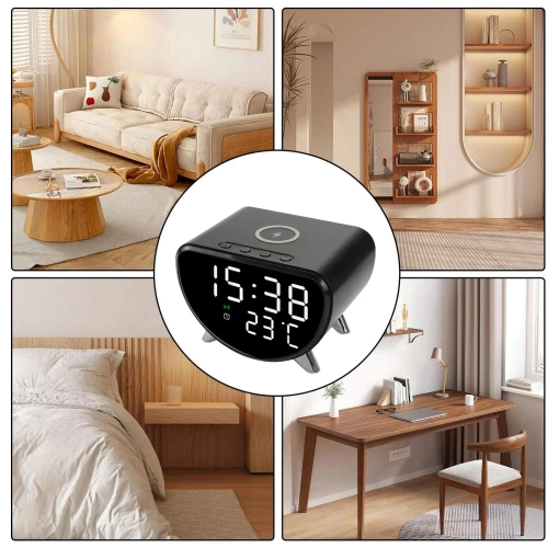 Smarter LED-Wecker mit 15-W-Qi-Ladegerät, Thermometer und 3 Alarmen | USB-Uhr fürs Schlafzimmer | SZ07-15W-BR