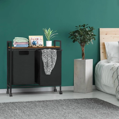 Wäschekorb mit Regal | Doppelfach-Wäschekorb | Wäschekorb mit Rollen | MZ-B20-BLACK