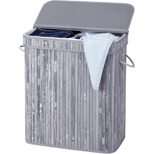 Grauer Wäschekorb | Bambus-Spielzeugkiste | Holzwäschekorb | Zweikammer-Wäschesammler für das Badezimmer | RYL-100L-GREY