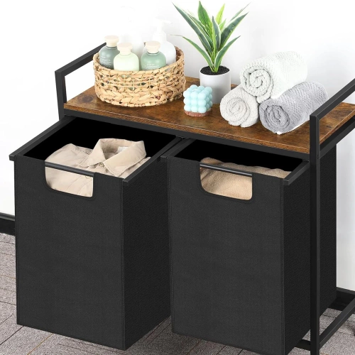 Wäschekorb mit Regal | Doppelfach-Wäschekorb | Wäschekorb mit Rollen | MZ-B20-BLACK