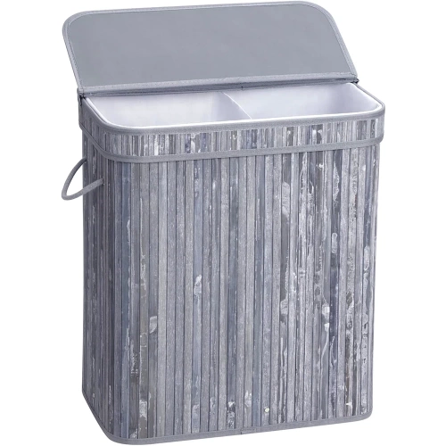 Wäschekorb | 100 l, zweifach unterteilt, aus Bambus und Holz, für Bad oder Spielzeugaufbewahrung | grau | RYL-100L-GREY