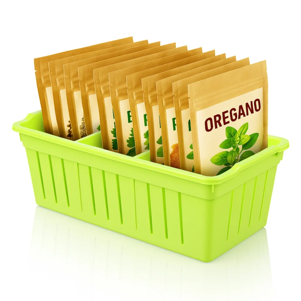 Grüner Organizer, gefüllt mit Gewürzbeuteln wie Oregano