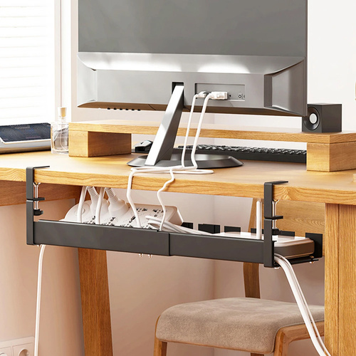 Verstellbarer Kabel-Organizer für Schreibtischunterbau 29-53 cm | Korb, Führung, Halterung | Schwarz | CWT-O3