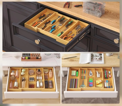 Besteckkasten | Bambus, ausziehbarer XL-Einsatz für Schubladen mit 5 Fächern | KBT-G513